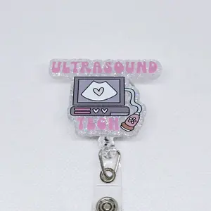 Ultrasound Tech Glitter Acrylic Retractable Badge ID Reel Belt or Alligator Clip id badge hospital worker