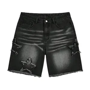 Men’s Black Distressed Star Patch Denim Shorts, Y2K Vintage Streetwear Jeans, Loose Fit Frayed Hem Casual Summer Shorts for Men