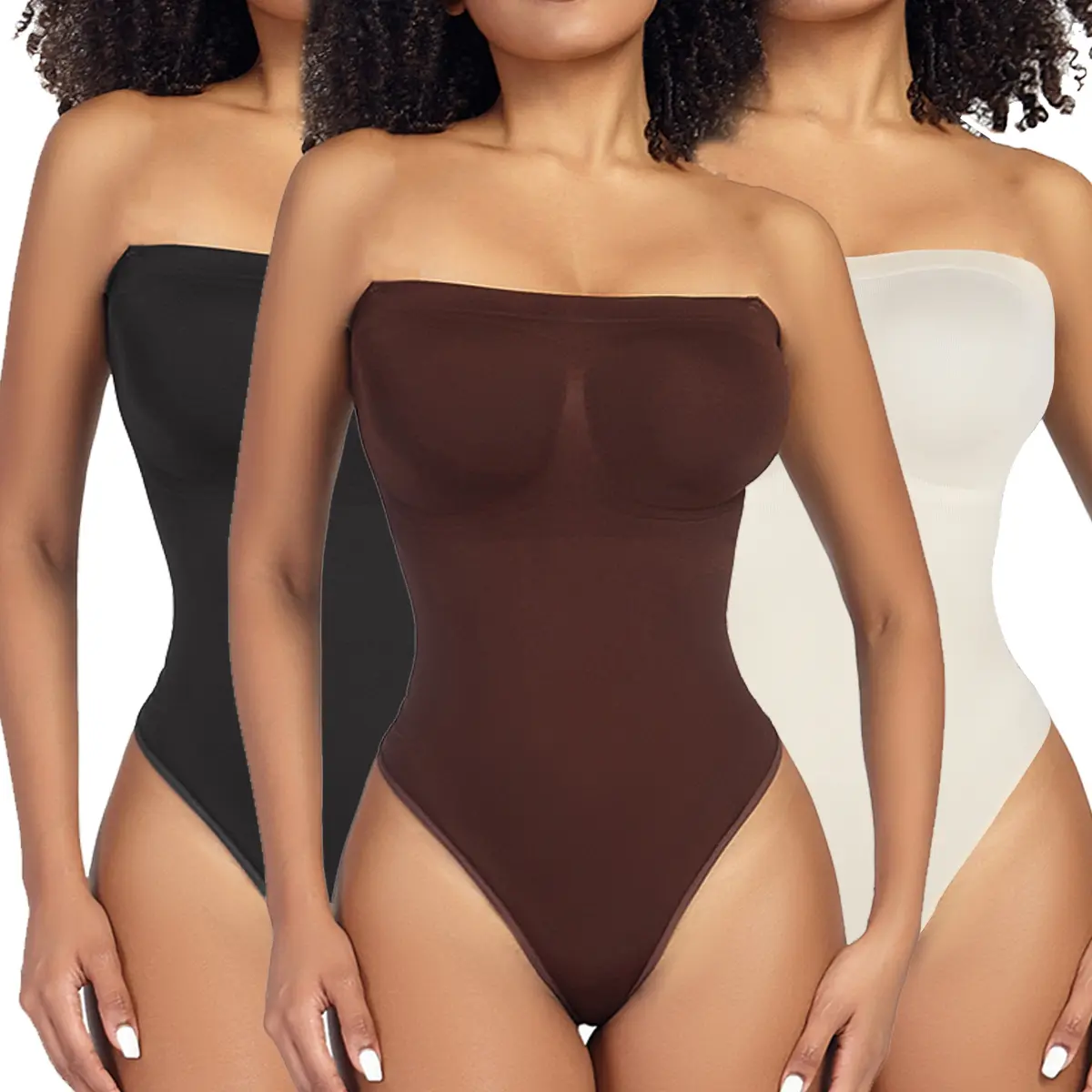 Women's Strapless Shapewear Bodysuit, High Compression Tummy Control Body Shaper with Detachable Spaghetti Straps and Thong Back, No Padding, Jeans, Lady, Adjustable Strap, Black Thong Style, Bodysuit Shapewear