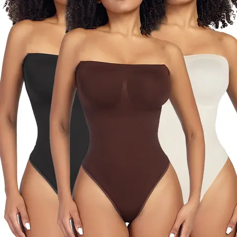 Women's Strapless Shapewear Bodysuit, High Compression Tummy Control Body Shaper with Detachable Spaghetti Straps and Thong Back, No Padding, Jeans, Lady, Adjustable Strap, Black Thong Style, Bodysuit Shapewear