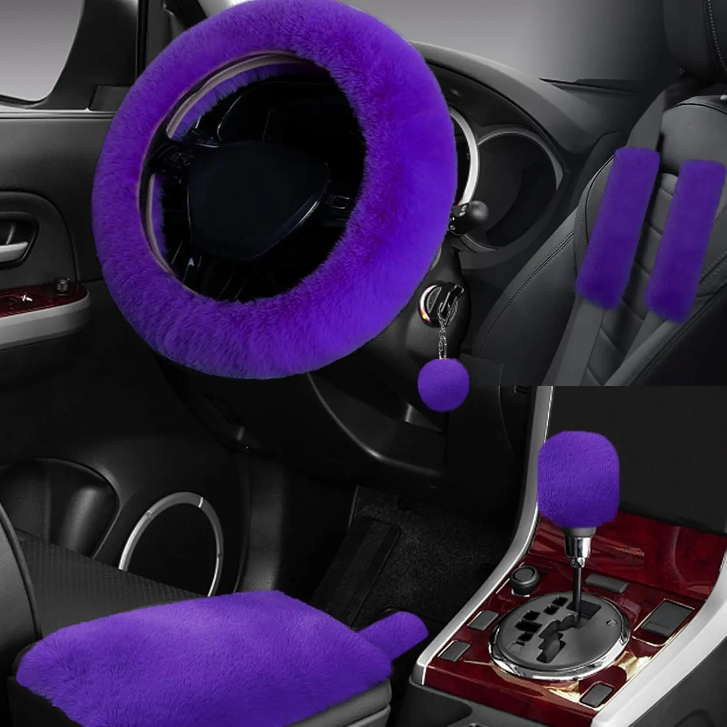 7 Set  Interior Aesthetic Accessories, Fluffy 15 inch Steering Wheel Cover, armrest pad, seat Belt Cover,Gear Shift Cover, Fit Girly  Accessories for Women.