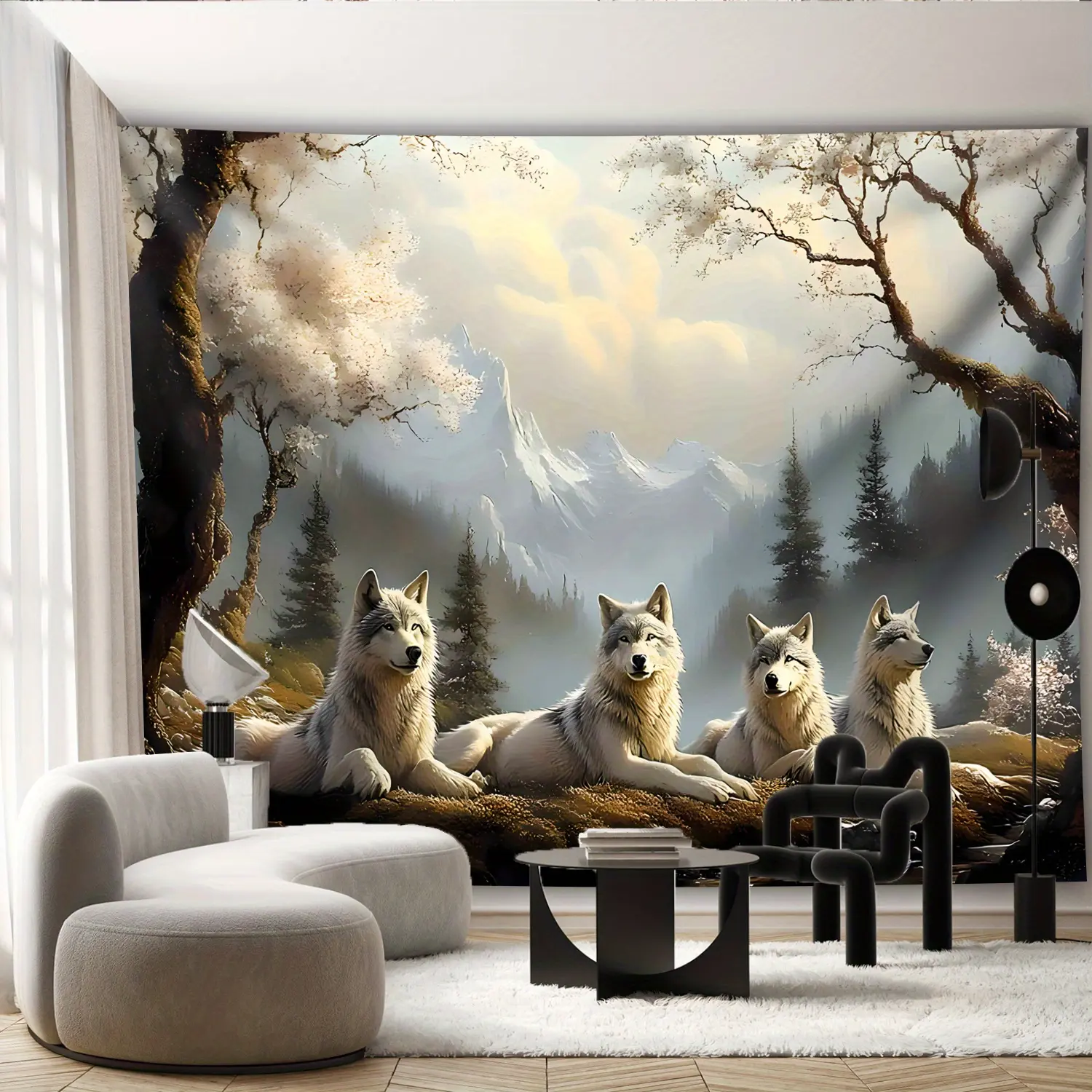 1pc Ultra Large Wolf Pack Forest Scene Tapestry - Premium Synthetic Polyester, HD Digital Print, Wrinkle Resistant, Hand-Stitched Edges, Free Hanging Clips - Home Supplies, Wall Hangings, Indoor Decoration, Living Room Wall Art