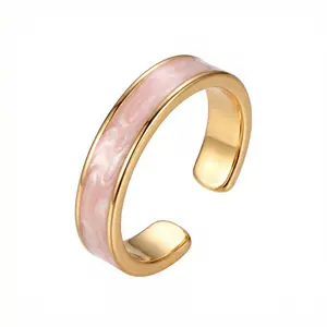 Premium 18K Gold Plated Pink Shell Open Cuff Ring | Hypoallergenic Adjustable Band for Women | Elegant Dainty Jewelry Gift for Her