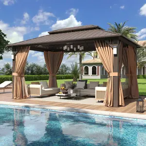 Aoxun 10'x14' Hardtop Gazebo, Galvanized Steel Double Roof Outdoor Gazebo with 4 LED Lights, Netting & Privacy Curtain, Decor Hooks for Backyard Patio, Brown