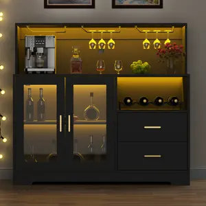 Black / White Wine Bar Cabinet with Wine Rack and Glass Holders, Home Coffee Bar Cabinet with LED Light, Kitchen Buffet Sideboard with Storage Cabinet and Drawers, Modern Liquor Cabinet for Living Room, Dining Room LED Wine Cupboard Hanging Sturdy