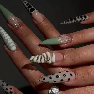 Long Stiletto Press-On Nails | Green & Black Abstract Design with Polka Dot Accents, 3D Art Detail, Modern Handmade Statement Manicure