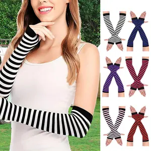 6 Pairs Long Fingerless Gloves for Women Knit Thigh High Striped Arm Warmer Thumb Hole Stretchy Gloves