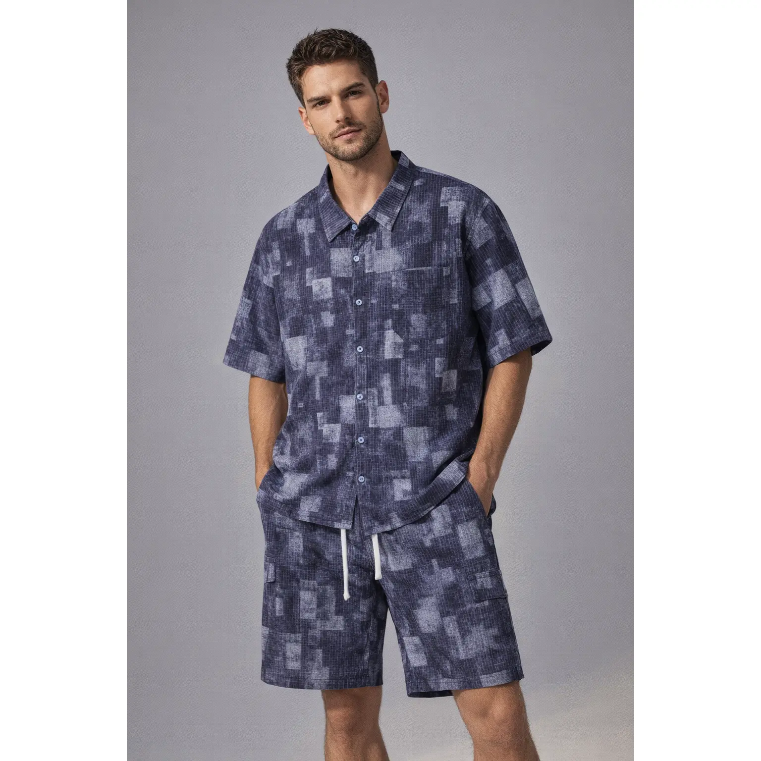Men's 2-Piece Outdoor Casual Beach Clothing Set, Short-Sleeve Tie-Dye Fashion Shirt, Multi-Pocket Shorts, Shortsleeve