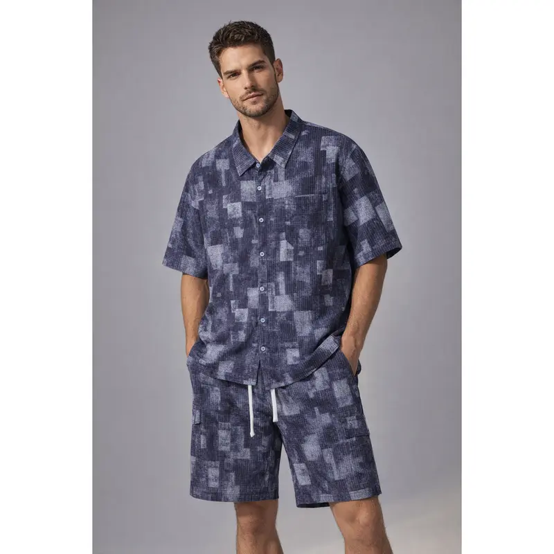 Men's Casual 2-Piece Menswear Collared Neck Blouse/Shirt + Above-the-Knee Shorts Set - Tie Dye Knitting, Multi-Pocket Letters Print, Fitted Cut, Polyester, Machine Washable Beach Outfit