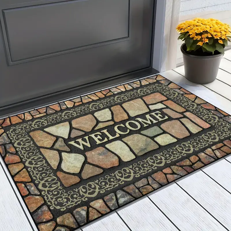 Non Slip Stone Design Welcome Door Mat Absorbent Durable Floor Rug Machine Washable Indoor Outdoor Entry Rug for Home Kitchen Bathroom Living Room High Traffic Areas