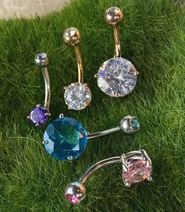 1pc Double Gemmed Round CZ Gem Prong Set Solitaire Belly Ring Navel Naval