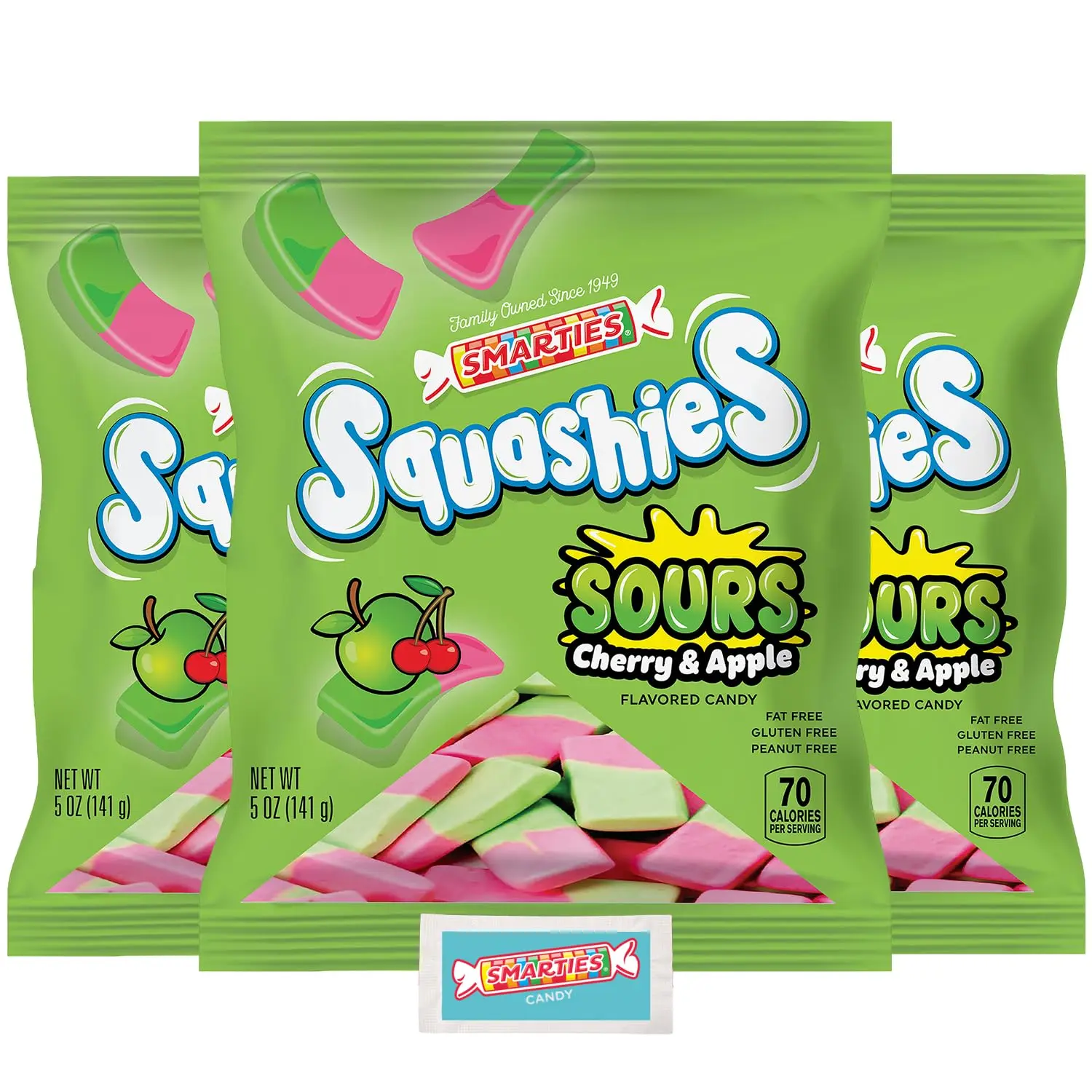 Squashies Foam Gummy Candies & Smarties Sample Packet Variety-Pack - Sour Cherry & Apple Flavored - Peanut Free & Gluten Free Candy - Soft & Chewy Squashies Candies for Parties & Birthdays - 5 oz Bag (Pack of 3)