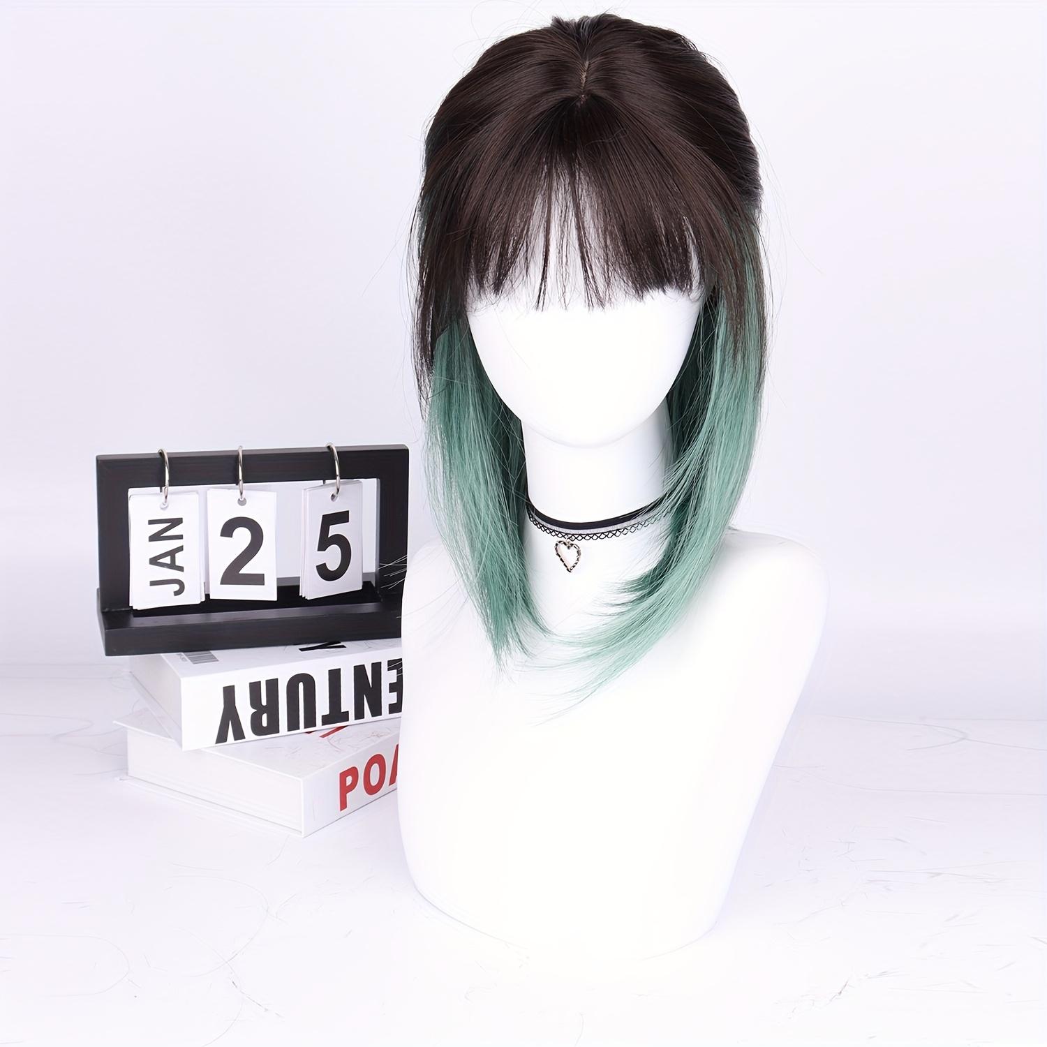 Dark Black Green Mixed 16-Inch Short Bob Straight Wig with Bangs, High-Density Synthetic Hair, Rose Net Cap for Halloween, Christmas, Cosplay & Parties