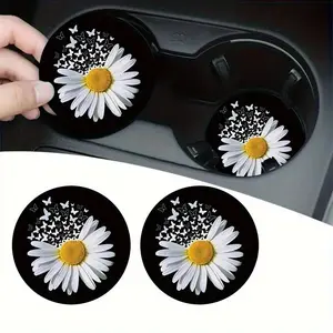 2Pcs Daisy Flower Car Cup Holder Coaster, Water Cup Coasters Car Interior Accessories, Cute Car Accessories For Car & Home Desk