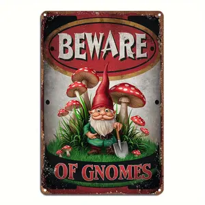 Vintage Gnome Warning Tin Sign - 8x12 Inch Aluminum Garden Decor with Whimsical Gnome & Mushroom Design, Perfect for Fantasy Lovers, Enthusiasts, and Fairy Gardens, Whimsical Outdoor Sign |   Fantasy Garden Decor |   Distressed Finish, Gard retro