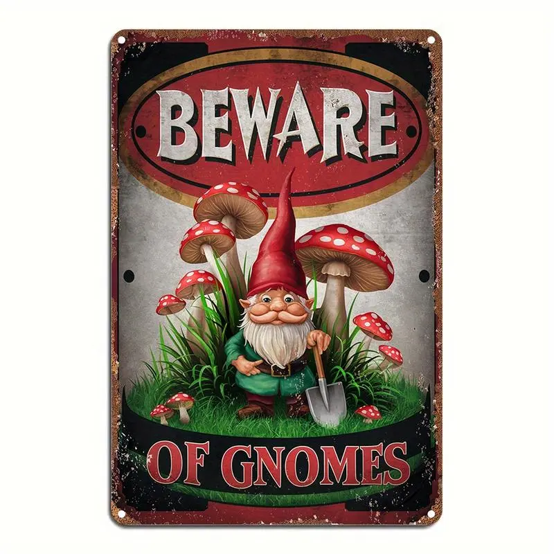 Vintage Gnome Warning Aluminium Tin Sign - 8x12 in Distressed Garden Decor, Whimsical Gnome & Mushroom Design for Fantasy Enthusiasts, Outdoor Fairy Garden Home Decor Plaque