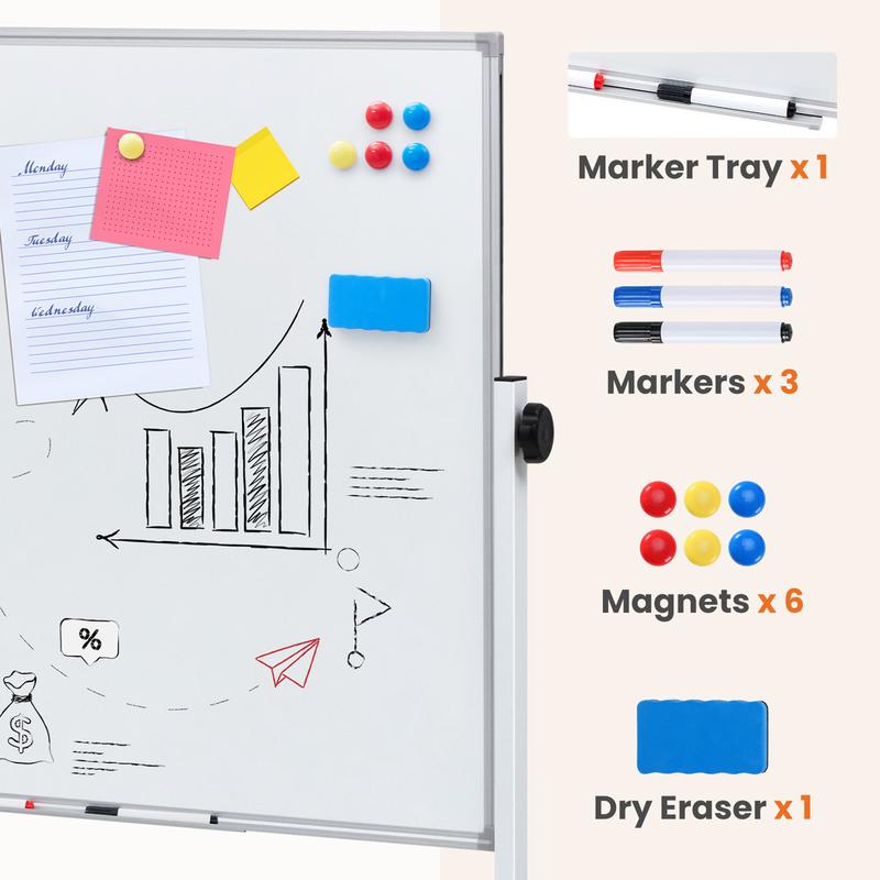 Rolling Whiteboard Double Sided , Magnetic White Board Dry Erase 46"x32" on Wheels, Dry Erase Board with Stand for School, Office and Home, Silver Aluminium Frame