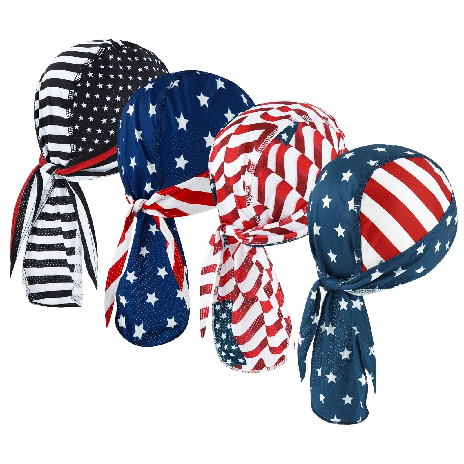 4 Pcs Do Rags Skull Caps for Fashion Sweat Wicking Helmet Liner Beanie Breathable Motorcycle Cycling Sports Cap Baseball Accessories American Flag headbands,summerwins hats men ﻿