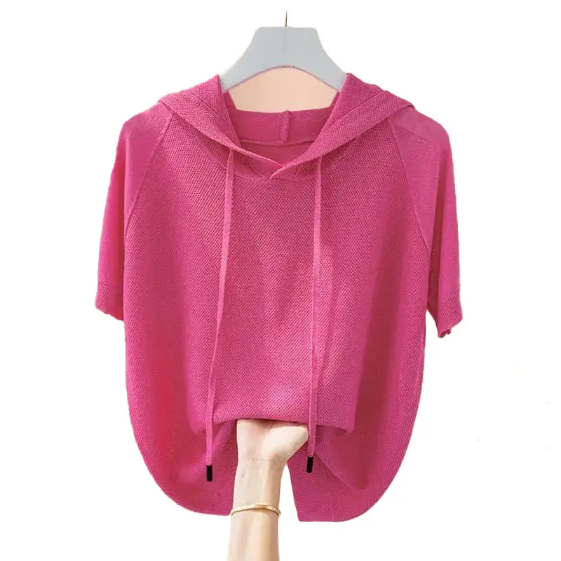 Mature Women's Casual Loose-Fit Solid Polyester Mesh Knit Pullover Hoodie - Short Raglan Sleeves, Hood, Adjustable Drawstring, Contrast Lace, Everyday Elegance, Daily Outfit, Women's Tops Apparel, Adjustable Draw, Polyester Knit