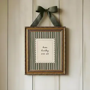 How Lucky Are We Wall Art  Green Stripe Quote Print  Minimal Vintage Handwritten Typography Decor