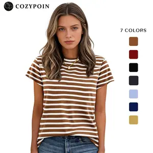 Women's Fitted Cotton Striped Short Sleeve Crew Neck T-Shirt - Soft Casual Summer Top for Work, Weekend Outfits (Brown-White), Shortsleeve,summervibes