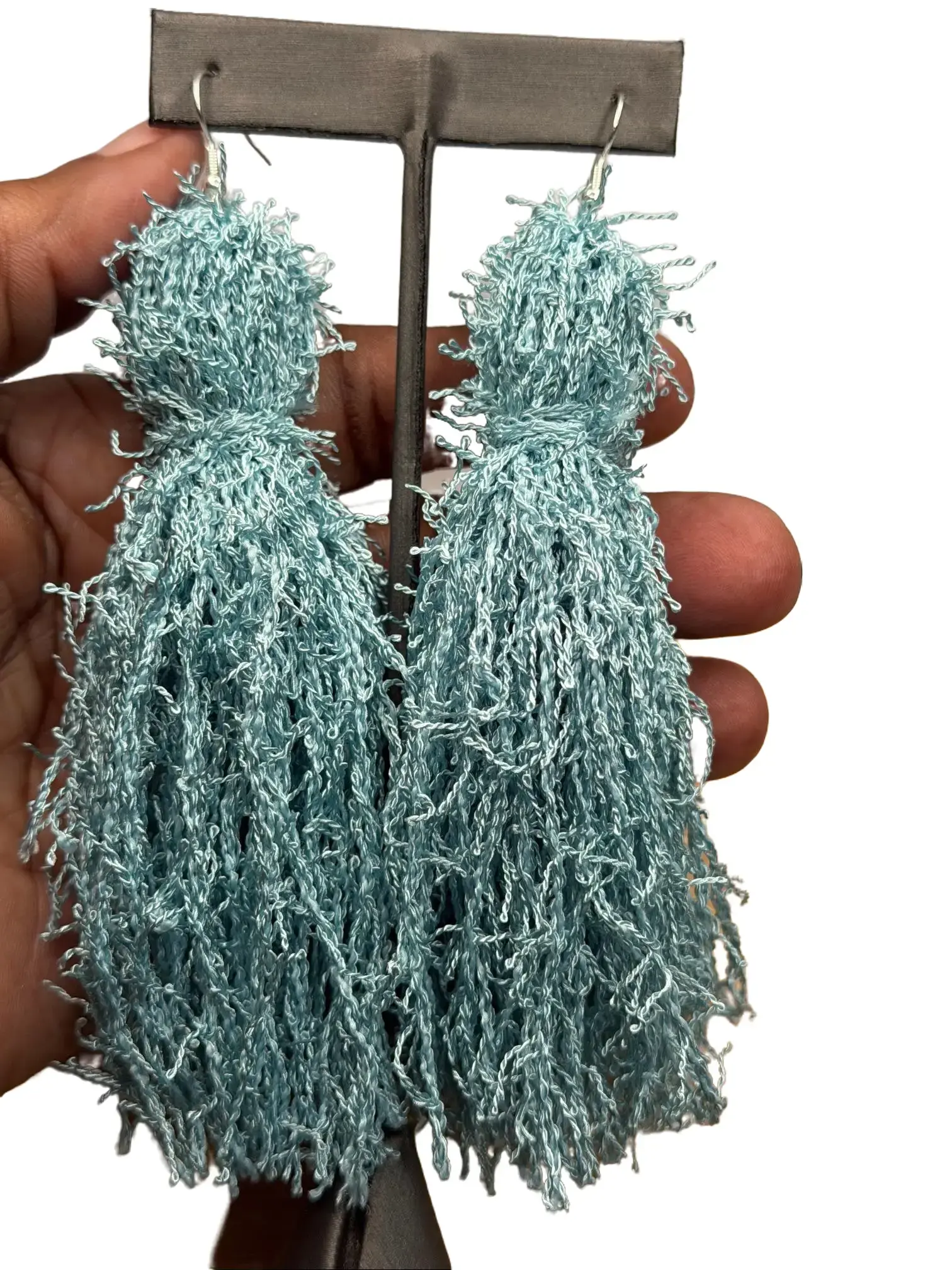 Women's Handmade Fringe Drop Earrings - Light Blue Yarn Dangles, 3-In Fish Hook Backs, Lightweight Fabric Costume Jewelry, Handmade Earrings