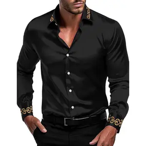 Men's Luxury Satin Dress Shirt Shiny Embroidery Silk Long Sleeve Button Up Shirts Prom Wedding Party Shirt