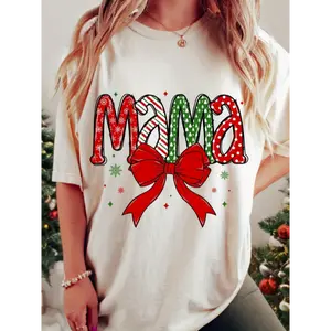 All Seasons Comfort Christmas Mama T-Shirt for Women - Regular Fit, Casual Polyester Knit Fabric, Round Neckline, Festive Holiday Print Top Womenswear