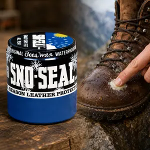 Atsko 8 oz. Sno-Seal Waterproofing Wax Jar,leather shoes,boot seams,welt stitching,work gloves,saddles,holsters,knife sheaths,snow boots,hunting boots,water barrier,beeswax coating,prevents drying,repels moisture,clear finish,winter care,outdoor repair