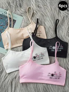 Girls' Cotton Bra Set (4 Pieces), Korean Style Plain Tank Top Bras for Ages 9-14, Development Stage Underwear for All Seasons, Underwear Sets