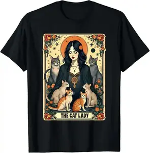 The Cat Lady Tarot Card Graphic T-Shirt, Vintage Witchy Cat Print Tee, Classic Crew Neck Shirt, Cat Lover Casual Short Sleeve Top, Trendy Boho Mystic Aesthetic Cotton Tee for Cat Moms, Witchy Style Fans and Tarot Card Enthusiasts