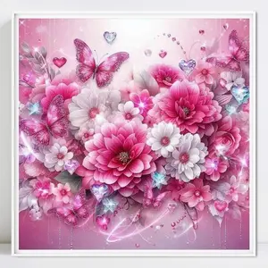 Pink White Flowers 5D Diamond Painting Set Canvas No Frame, Tool Kits Floral Full Round Diamond Paint Butterfly Handmade Wall Decor