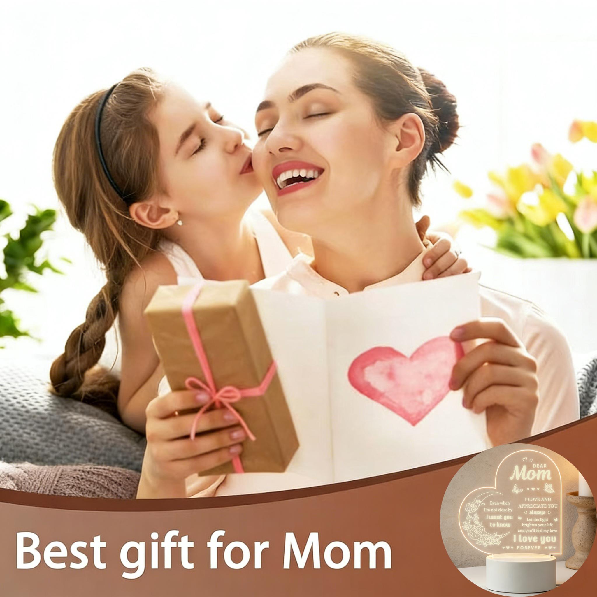 Dear Mom Night Light, 2D Acrylic Heart Shaped Rose Butterfly Lamp, Personalized Gift for Mom, Warm White LED Desk Lamp, Mother's Day Birthday Christmas Thanksgiving Gift for Mom, USB Powered Night Light