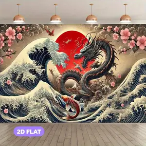 Japanese Wedding Banner - 243.84x182.88cm Dragon & Koi Harmony Tapestry with Great Wave off Kanagawa, Cherry Blossoms - No Electricity Needed, Easy Hang Asian Decor for Parties, Home, Events - Durable Polyester Fabric Wall Hanging Decoration, Event Decora