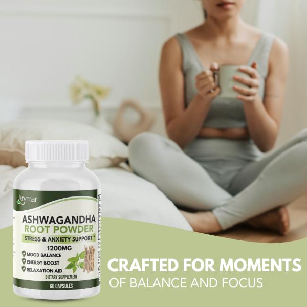 Arymar Organic Ashwagandha Root Powder 60 Vegan Capsules 1200mg Adaptogen for Stress Energy Balance Mood Support