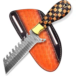 Handmade Damascus Bull Cutter Knife |   8 inch Sharp Western Cowboy Knifes with Pancake Leather Sheath |   EDC Fixed Blade Hunting Knives ideal for Skinning, Camping and Outdoor Activities