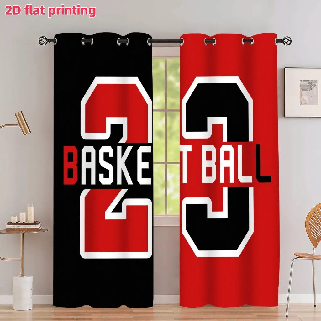 2D Flat 2Pcs Sports Basketball Number 23 Themed Printed Curtain Panels, Red and Black Contrast Color Design, Perforated Grommet Top, Semi Sunshade, Suitable for Living Room Bedroom Study Window Decoration, Accessory, Anti Privacy.