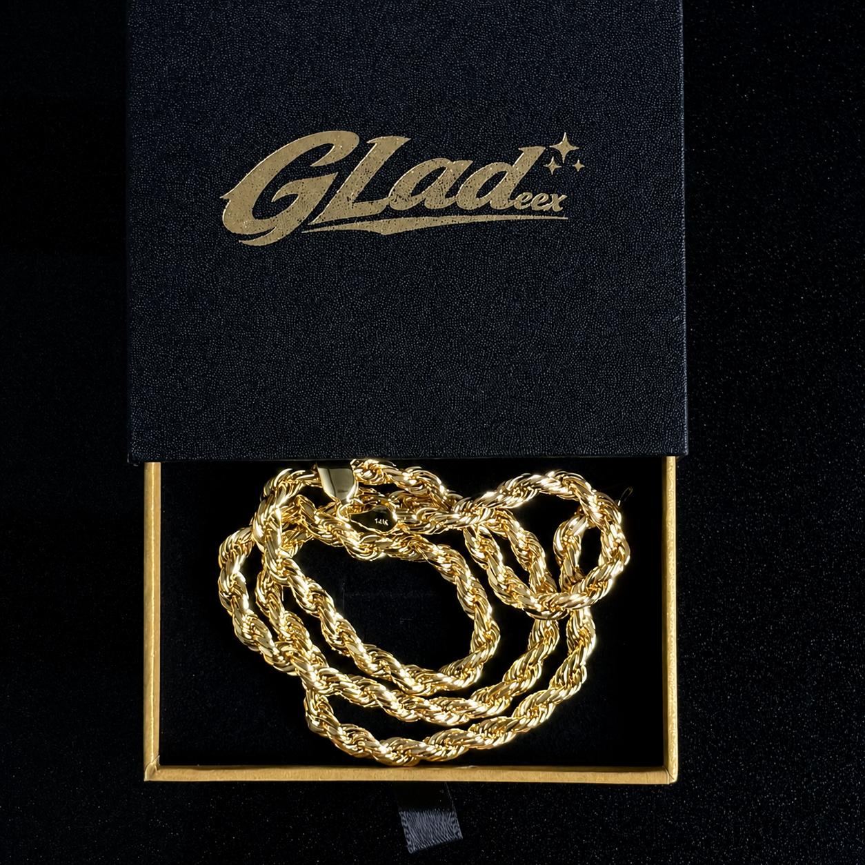 4mm 22-inch gold plated rope chain displayed in a GLADEEX gift box