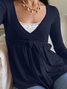 casual american style women’s long sleeve a-line top, cross v-neck design with tie, perfect for spring & fall wardrobe