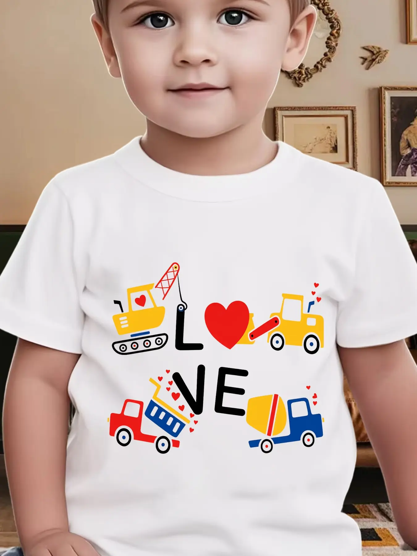 Kids "LOVE" Construction Trucks T-Shirt, Boys Valentine's Day Vehicle Graphic Tee
