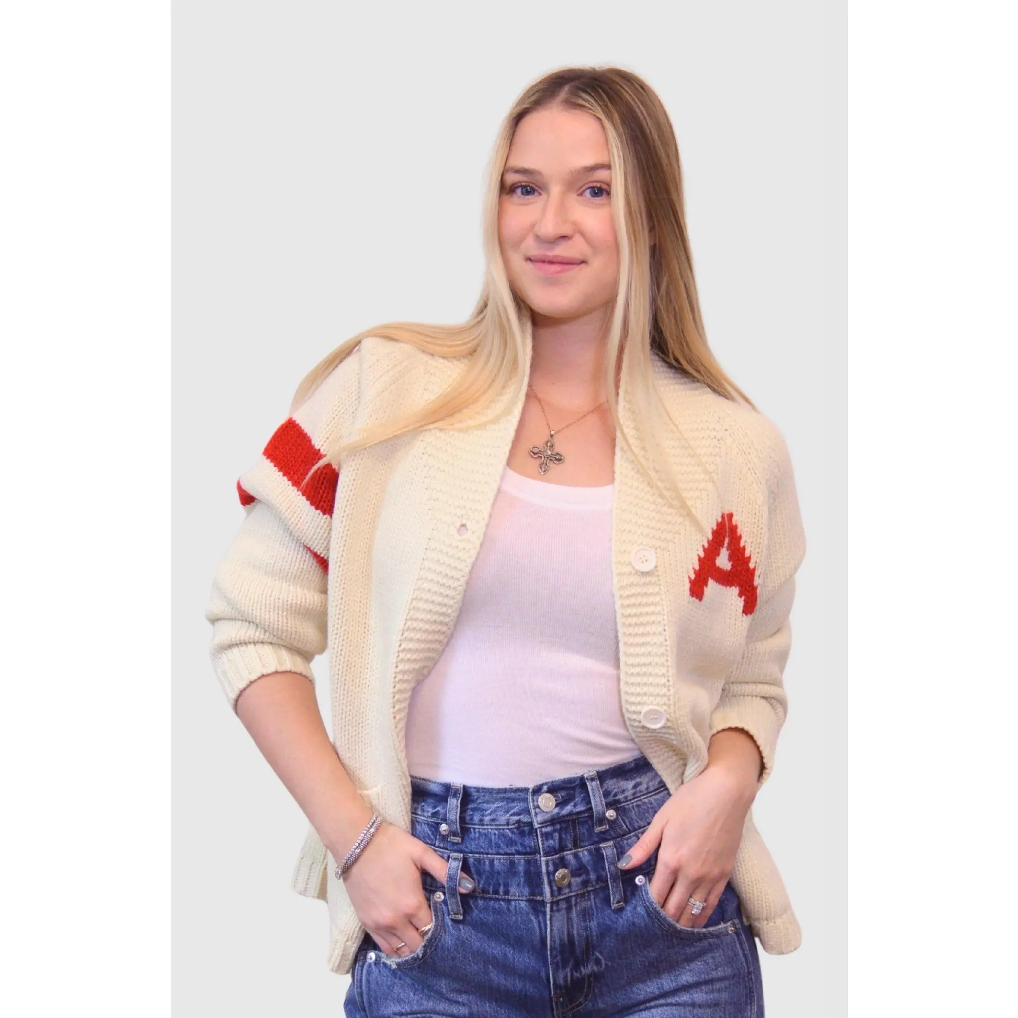 WPS Chunky Knit Varsity Cardigan in Ivory & Red