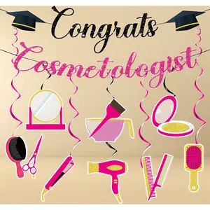 Gold glitter cosmetology graduation banner set 3 pcs pre strung congrats cosmetologist with beauty tool icons for beauty school grad party