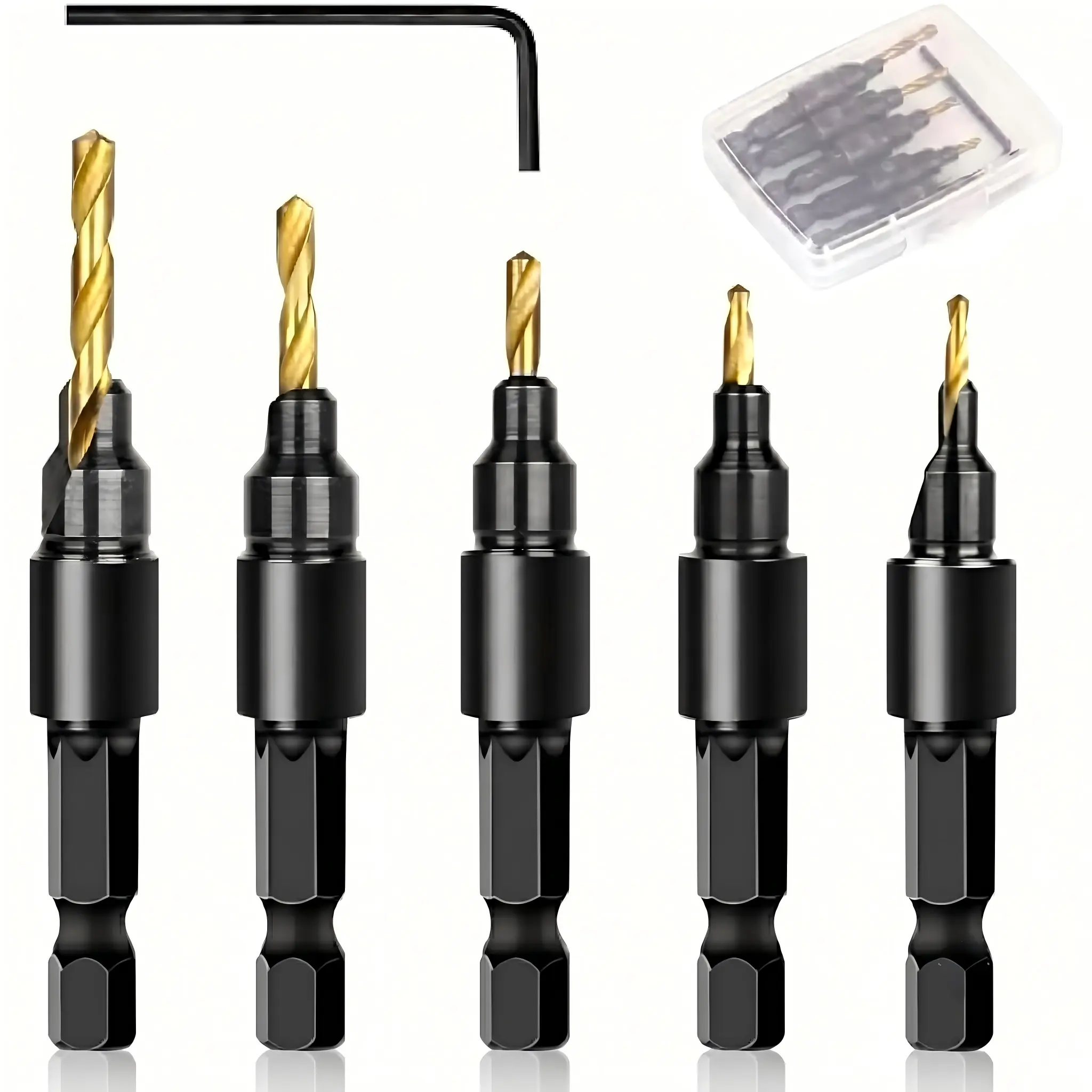 5PCS Countersink Drill Bit Set, Professional Brocas para Madera - Adjustable Wooden Drill Bit Set, Used for Wood Countersink Drill Bit with Depth Stop,Summervibes,fathersdaygift fathersdaygift