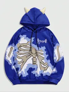 Men's Skeleton Print Hoodie, Casual Loose Long Sleeve Hooded Knit Sweatshirt for Daily Wear, Men's Sleepwear & Loungewear for All Seasons