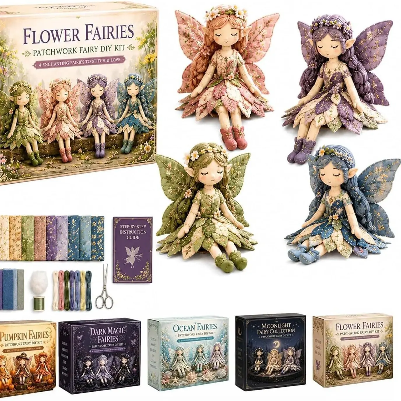 All-Inclusive Patchwork Fairy Doll DIY Sewing Kit, 4 Enchanting Flower Elf Fabric Stitching Craft Set with Full Supplies & Tutorial, Beginner Friendly Handmade Ornament Kit, Creative Holiday Birthday Gift for Craft Enthusiasts
