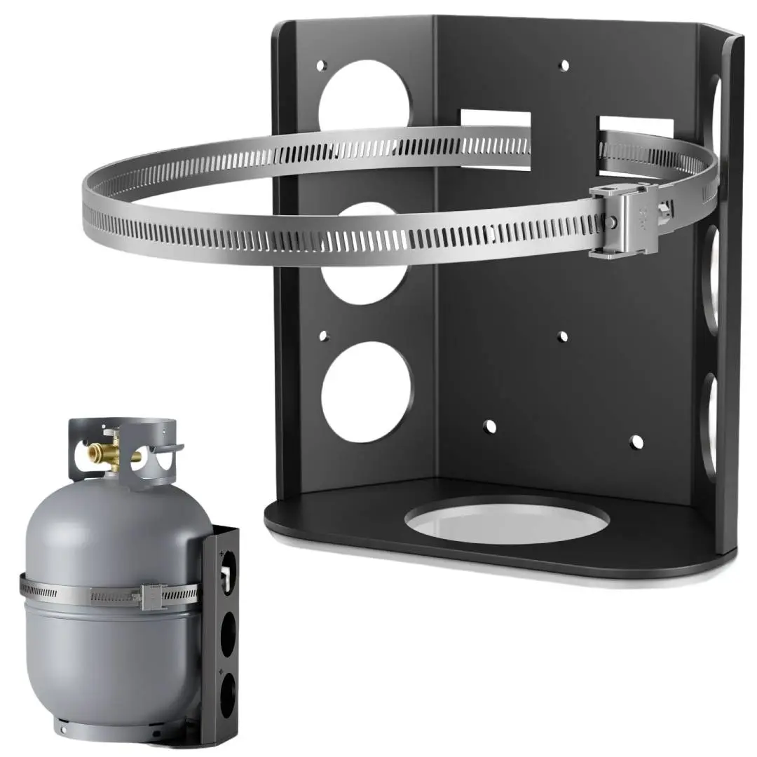 Propane Tank Stand with Metal Strap, Wall Mounted Cylinder Holder, Adjustable Anti-Rust Locking System, Indoor Outdoor Storage
