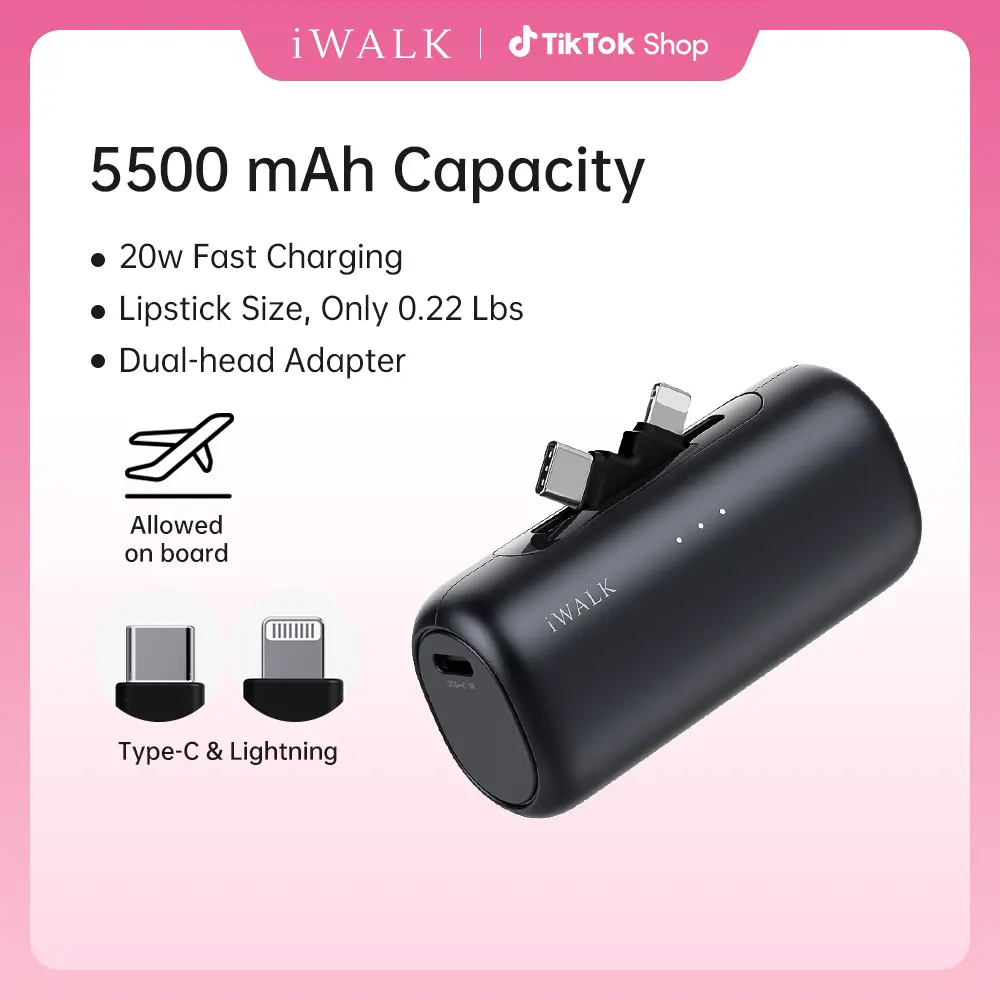 iWALK LinkPod 5500mAh 2-in-1 Connector Portable Power Bank - Fast-Charging Dual-Port Electronic Phone Charger, 2-Way Charge for iPhone & Android, USB Battery Adapter, Compact Travel Gadget, Accessories for Outdoor Fun summerwins,summerwins
