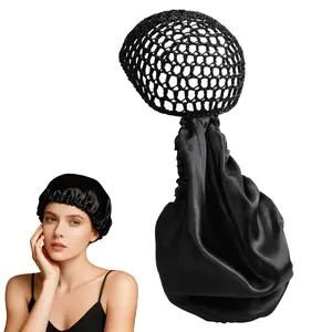 2 In1 Wrap Cap Bonnet Reversible Adjustable Tie Band, Silk Bonnet Hair Wrap Cap for Silk Press, New Satinbonnet for Sleeping, Double Layered Nettie Band for Curly (Black)