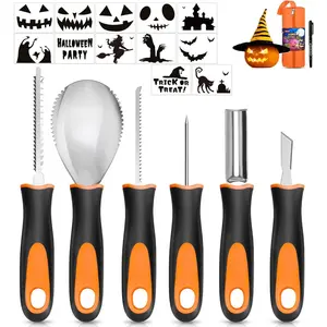 Halloween Pumpkin Carving Kit, 6 count Pumpkin Carving  with 12 Stencils 1 Mark Pen 1 Storage Bag, Professional Pumpkin Carving Tools