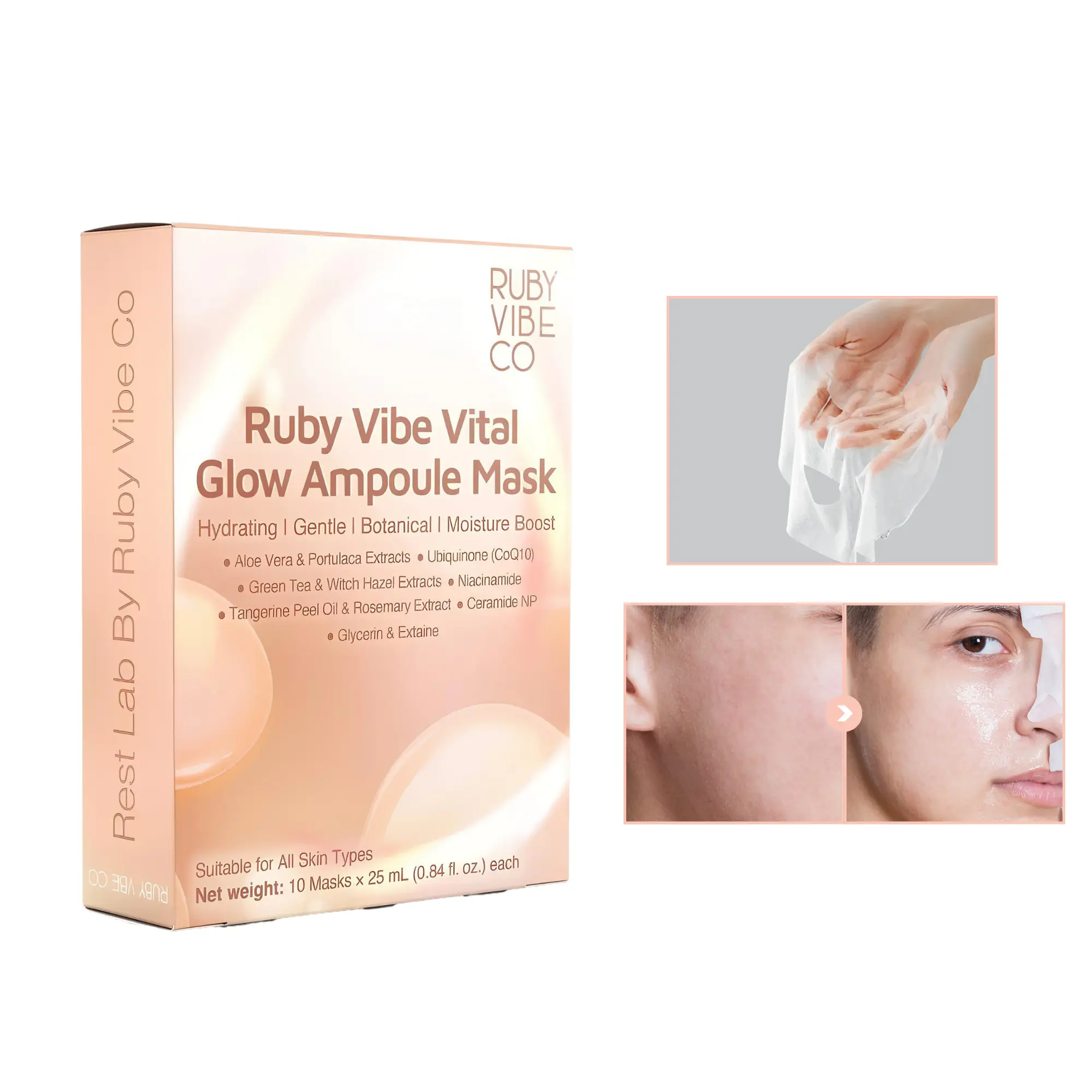 RUBY VIBE CO Vital Glow Ampoule Sheet Mask, Hydrating Face Mask with Niacinamide & Ceramide NP, Moisturizing Face Mask for All Skin Types, Face Mask Sheet Set, 10 Pack x 0.84 fl oz (25ml)